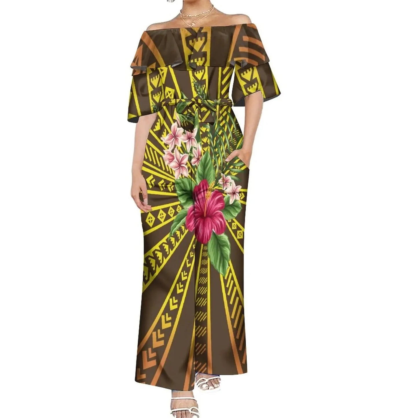 Drop Shipping Custom Polynesian Off Shoulder Frill Women One Piece Rompers Lace Up Oversized Jumpsuit With Belts Viralgem Store