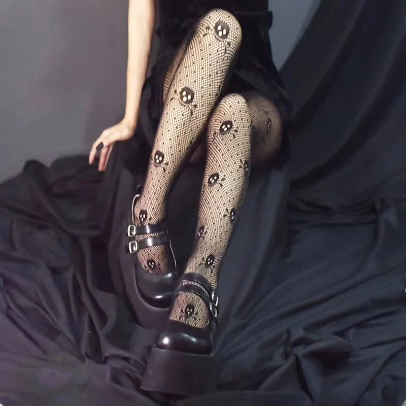 Women Goth Punk Cute Black Mesh Tights Lolita Skull Pattern Fishnet  Jacquard Harajuku Stockings Pantygose Leggings Halloween