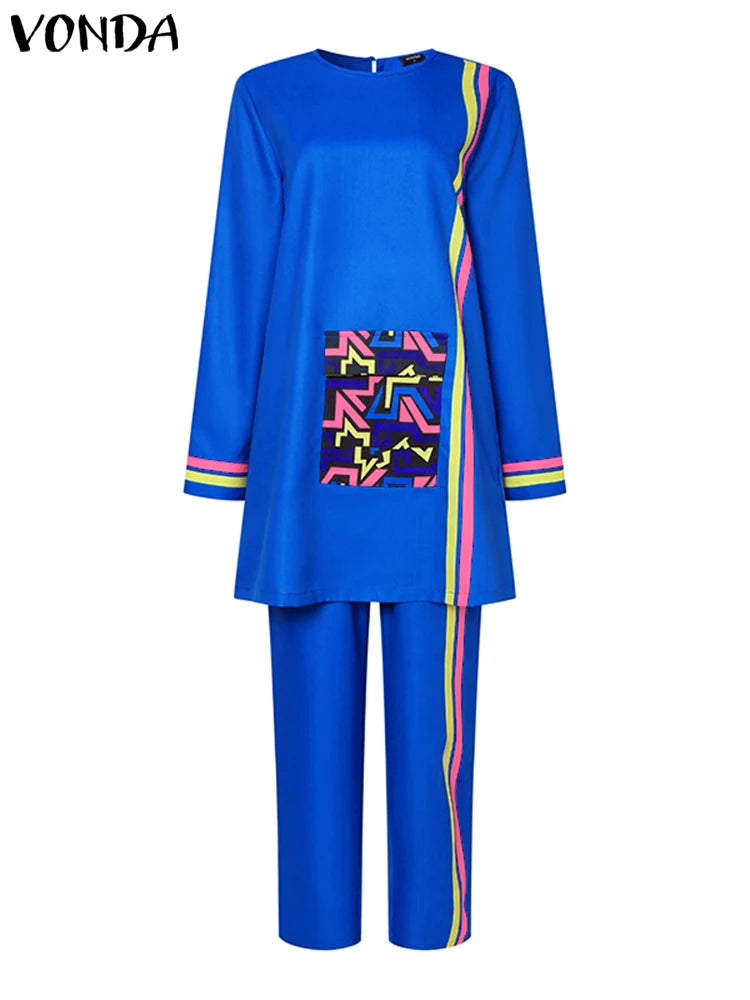 2024 VONDA Bohemian Vintage Printed Pant Sets Autumn Women Elegant Suits Fashion Long Sleeve Tops and Trousers Casual Loose 2PCS