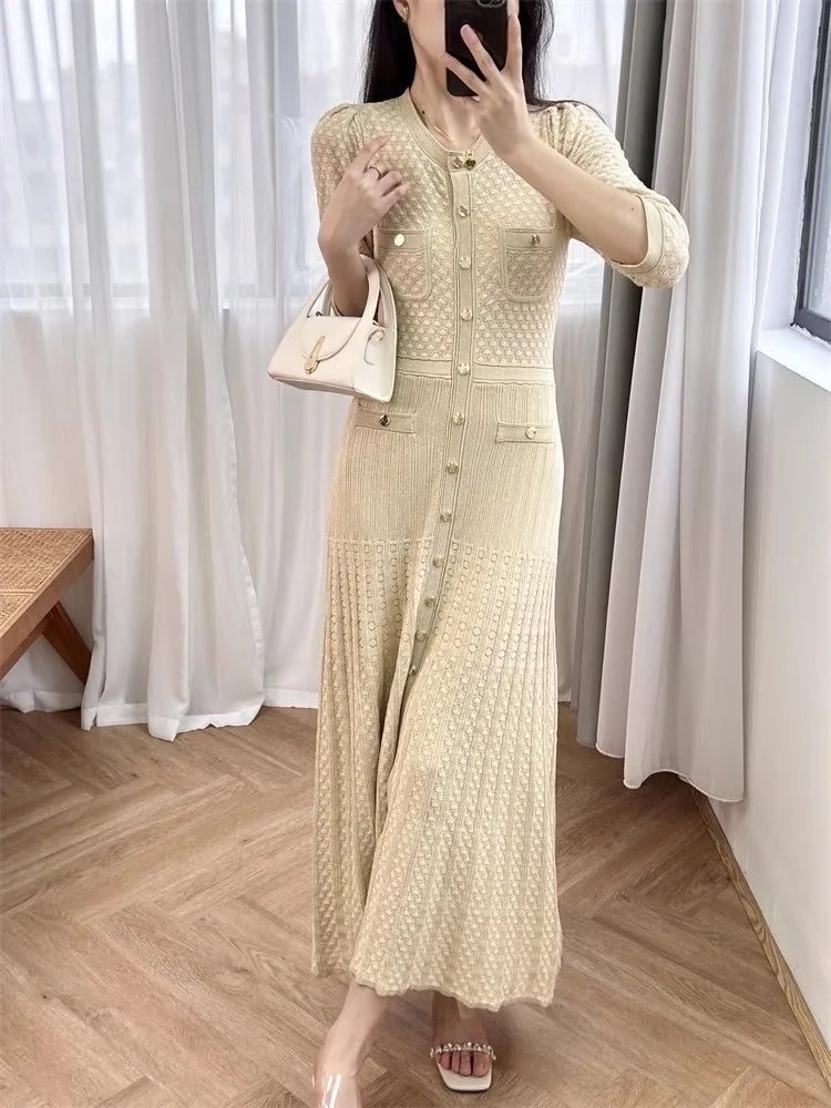 2024 Early Spring Women Slim Knitted Slim Midi Dress Single Breasted Long Sleeve Female Robes Viralgem Store