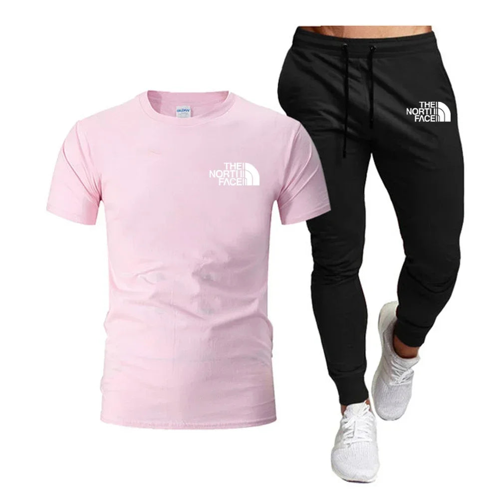 Summer 2025 Men Tops 100% Fashion Cotton Short Sleeve Long Sweatpants Streetwear 2 Piece Sets Men Clothing