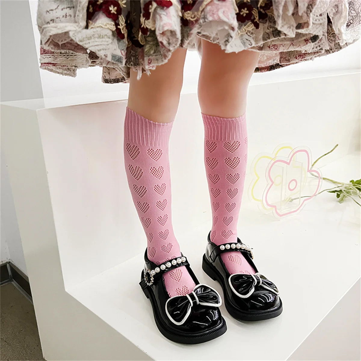 1/4 pairs of girls' dopamine heart hollow  mesh straight socks, lightweight  breathable heart mesh socks, women's long tube