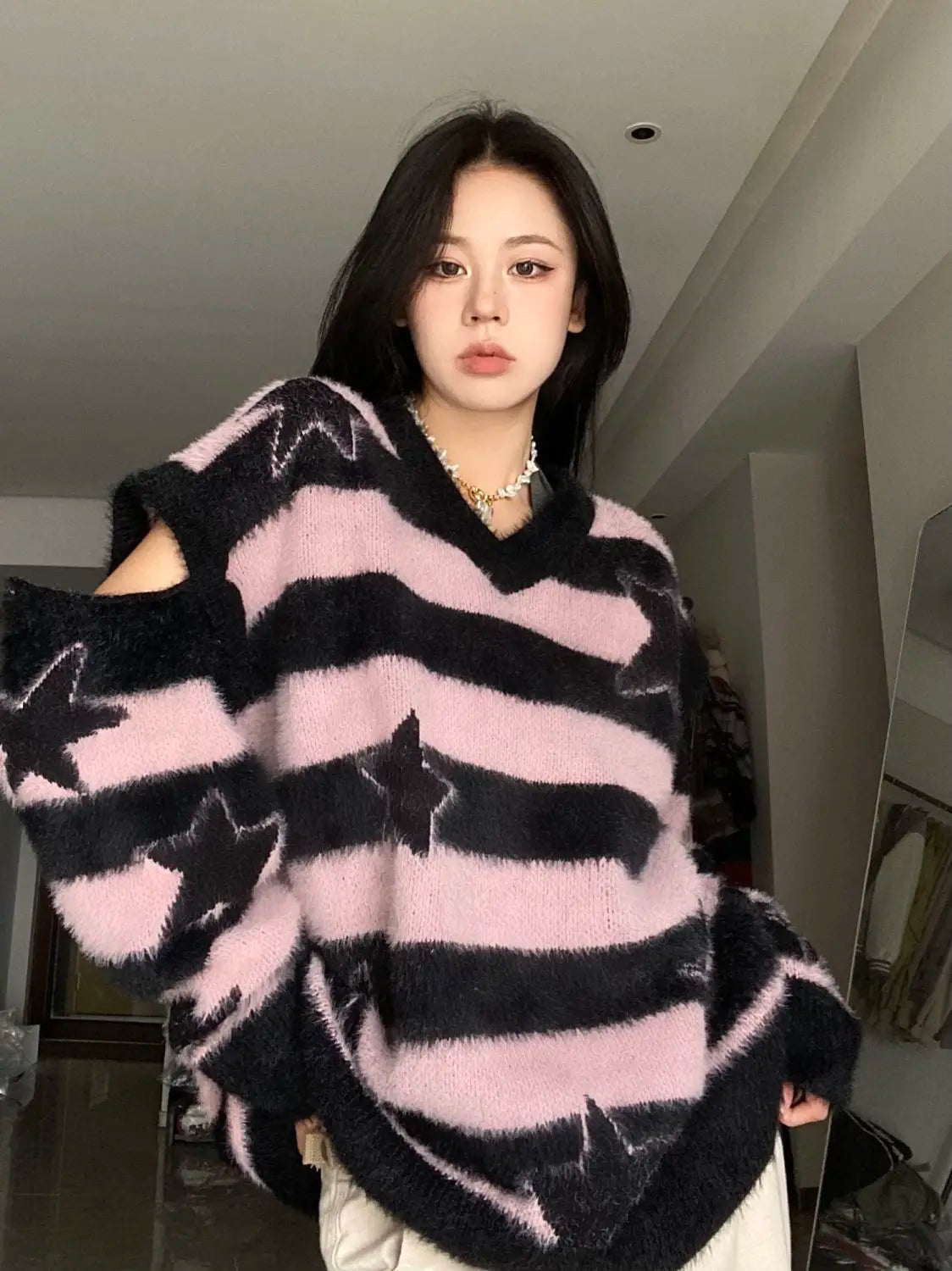 ADAgirl Harajuku Striped Sweater Oversize Y2k Style Pink Detachable Sleeves Star Print Jumpers Gothic Winter Korean Alt Clothes