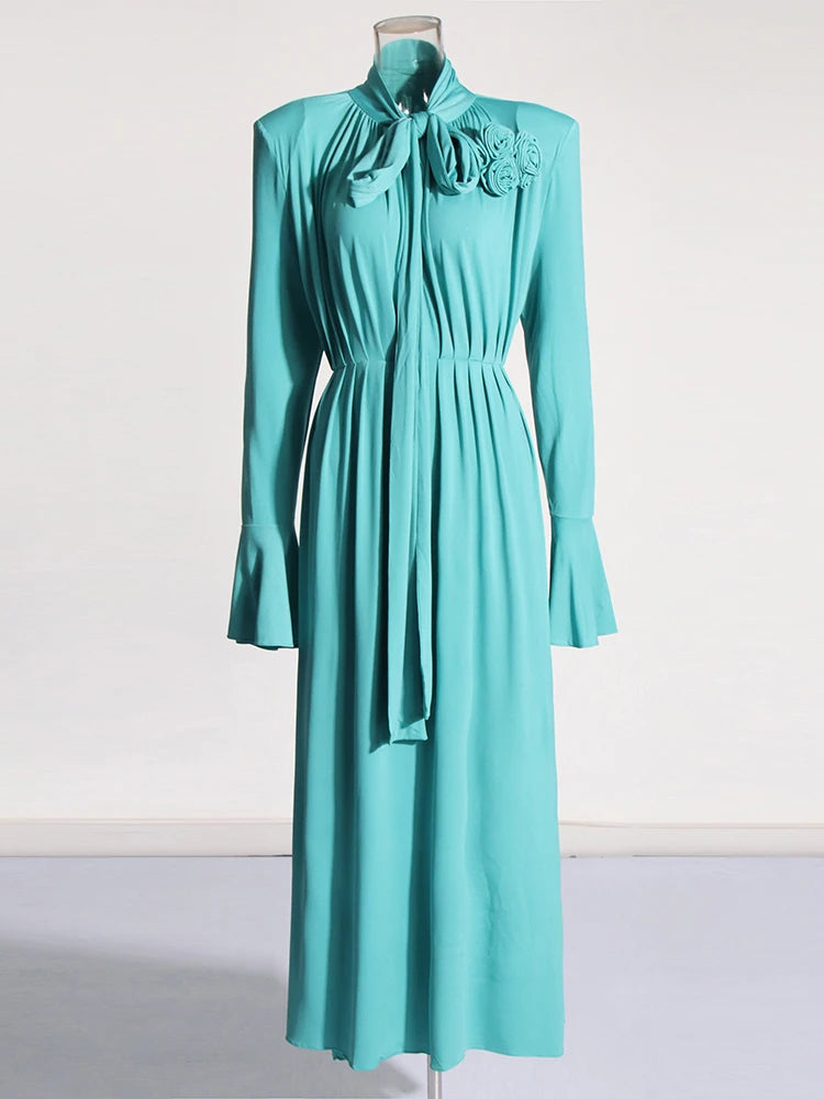 TWOTWINSTYLE Solid Appliques Folds Dresses For Women Half High Collar Flare Sleeve Tunic Long Dress Female Fashion Clothing New Viralgem Store