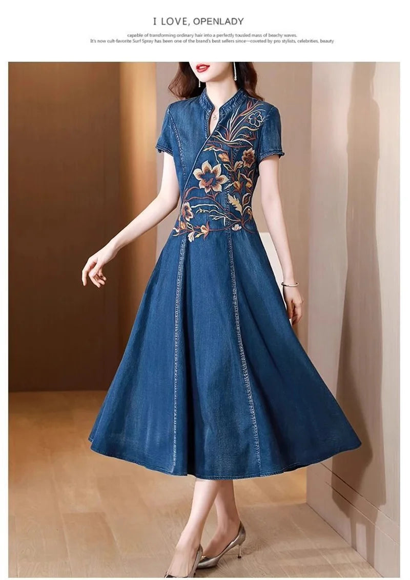 Summer New High End Embroidered Cowboy Dress Women's V-Neck Short Sleeved Temperament Jeans Long Dresses Female Denim Vestidos