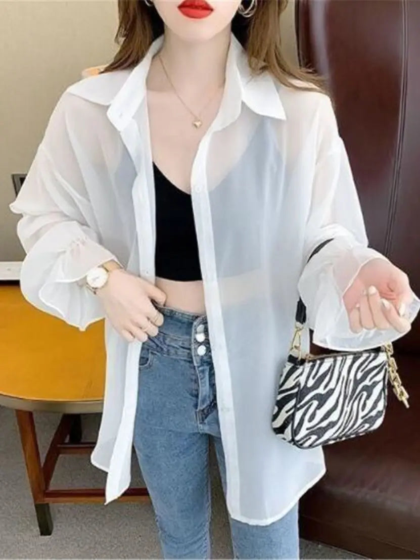 2023 Summer New Thin Women's Sun Protection Jacket Loose Long Sleeves Medium Long Chiffon Shirt Fashion Style Purple Female Tops