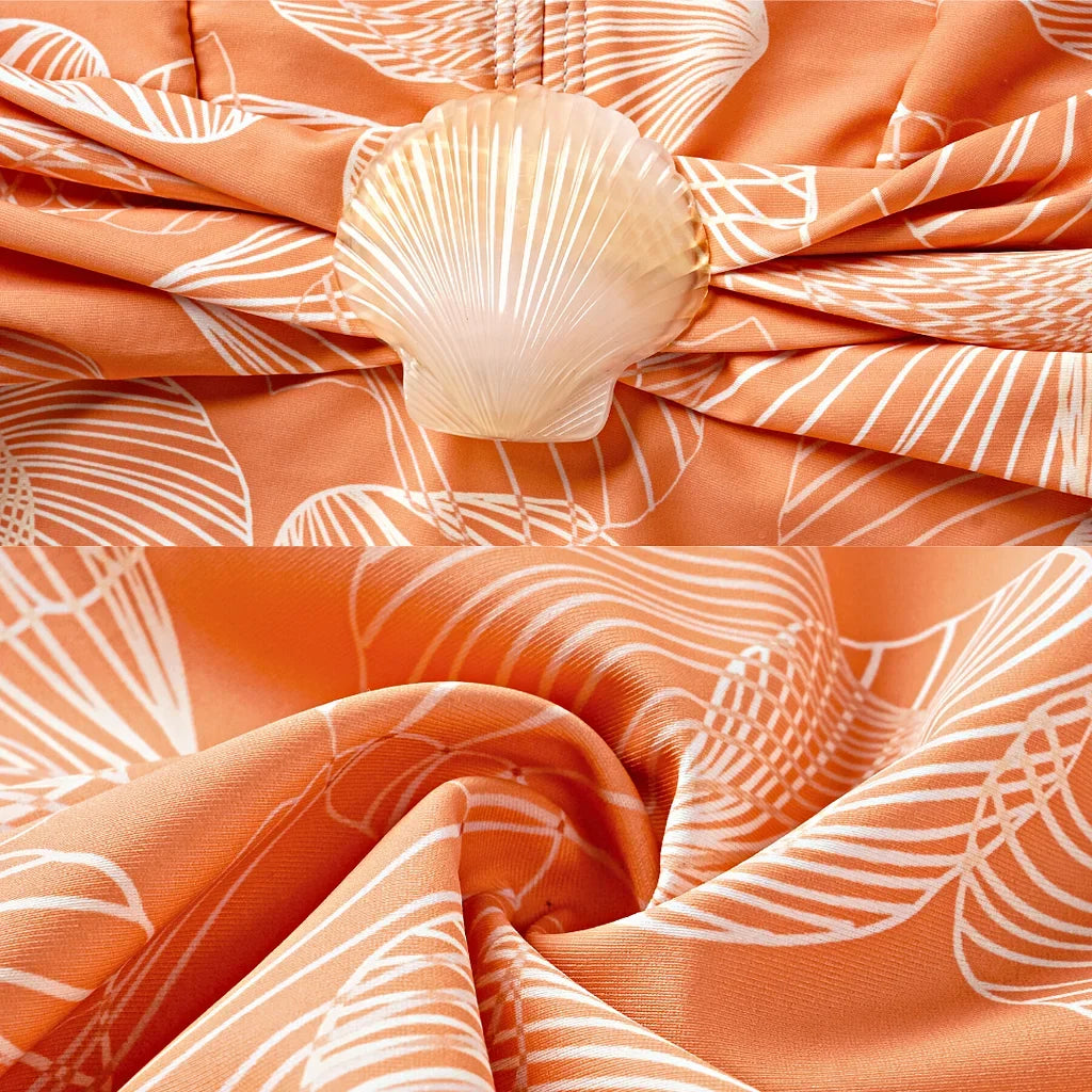 2024 V Neck Shell Print Decor Long Sleeve One Piece Swimsuit and Skirt  Clearance Wholesale Bodysuit Dress