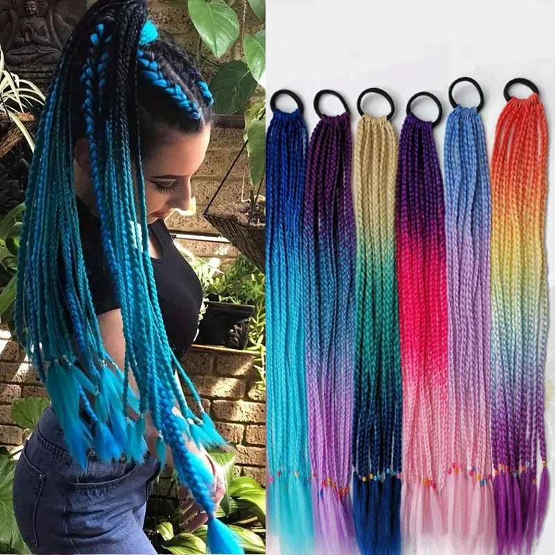 24Inch Synthetic Gradient  Colored Braided Ponytail Hair Extension Elastic Rubber Band Braiding Ponytail for Girl Women Viralgem Store