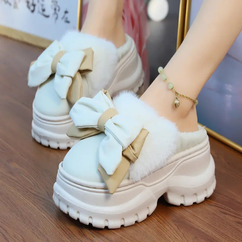 8 cm High platform fur slippers women's winter fluffy ear home shoes woman white bunny rabbit slippers woman house clog shoes