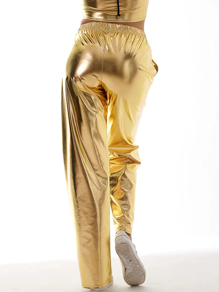 Women Adult Shiny Straight Leg Pants Casual High Waist Metallic Pants Super Long Holographic Pants Disco Bottoms Viralgem Store