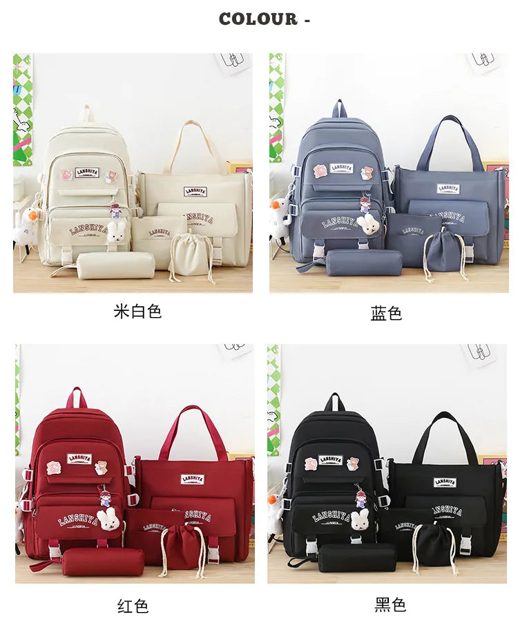 5-piece Set of Free Pendants Forest Style Korean Version Casual Harajuku Student Backpack for High School Girls Large Capacity Viralgem Store