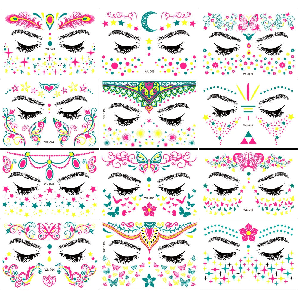 1Pcs Halloween Fluorescent Face Stickers 12-Styles Feather/Flowers/ButterflyDesign Tattoo Sticker Waterproof Glowing Face Decals Viralgem Store