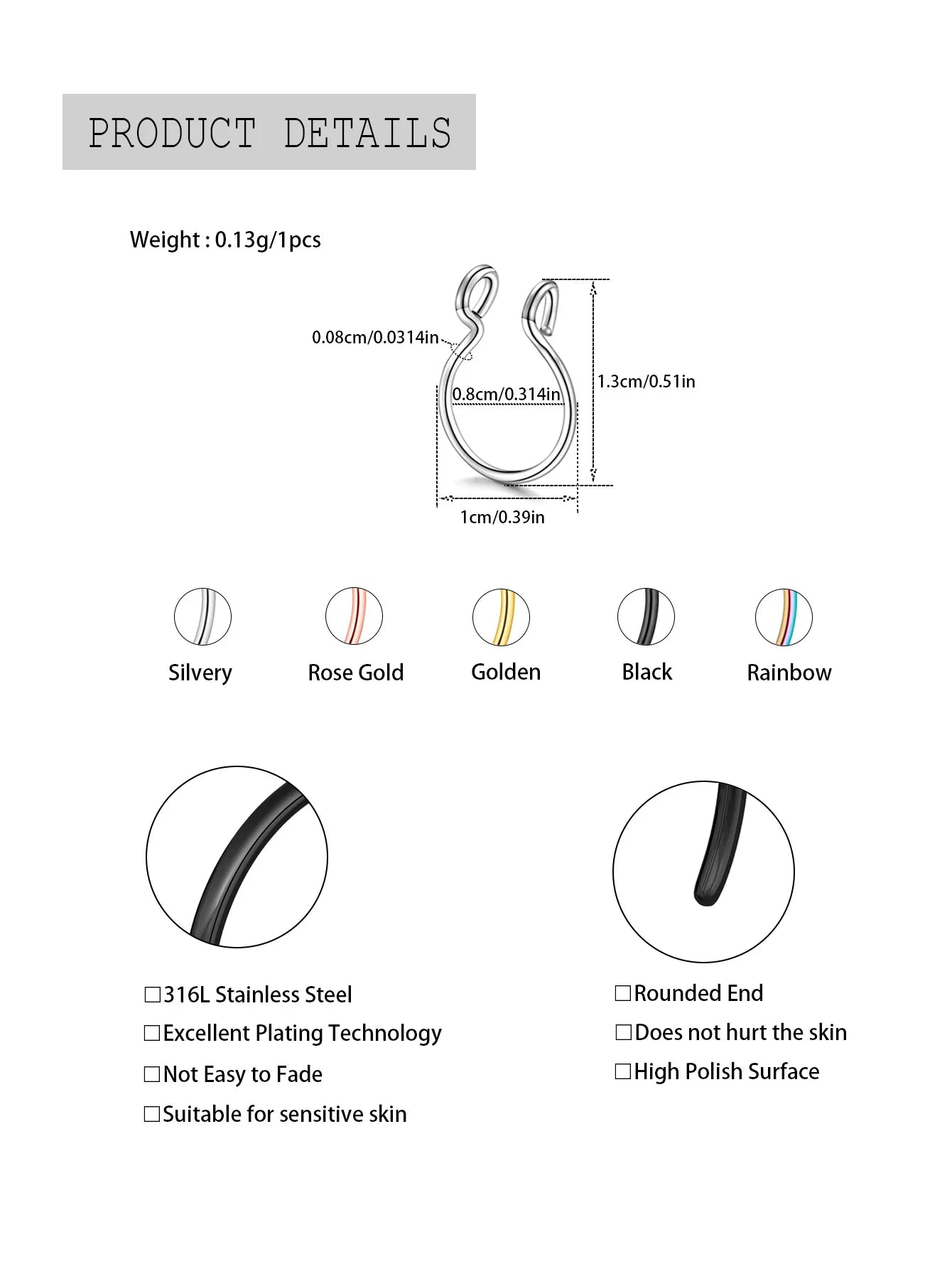 1Pc/5pcs Set Horseshoe Fake Nose Ring false,U Shaped Nath false Septum Rings,316L Stainless Steel Fake Nose Piercing,Non Pircing