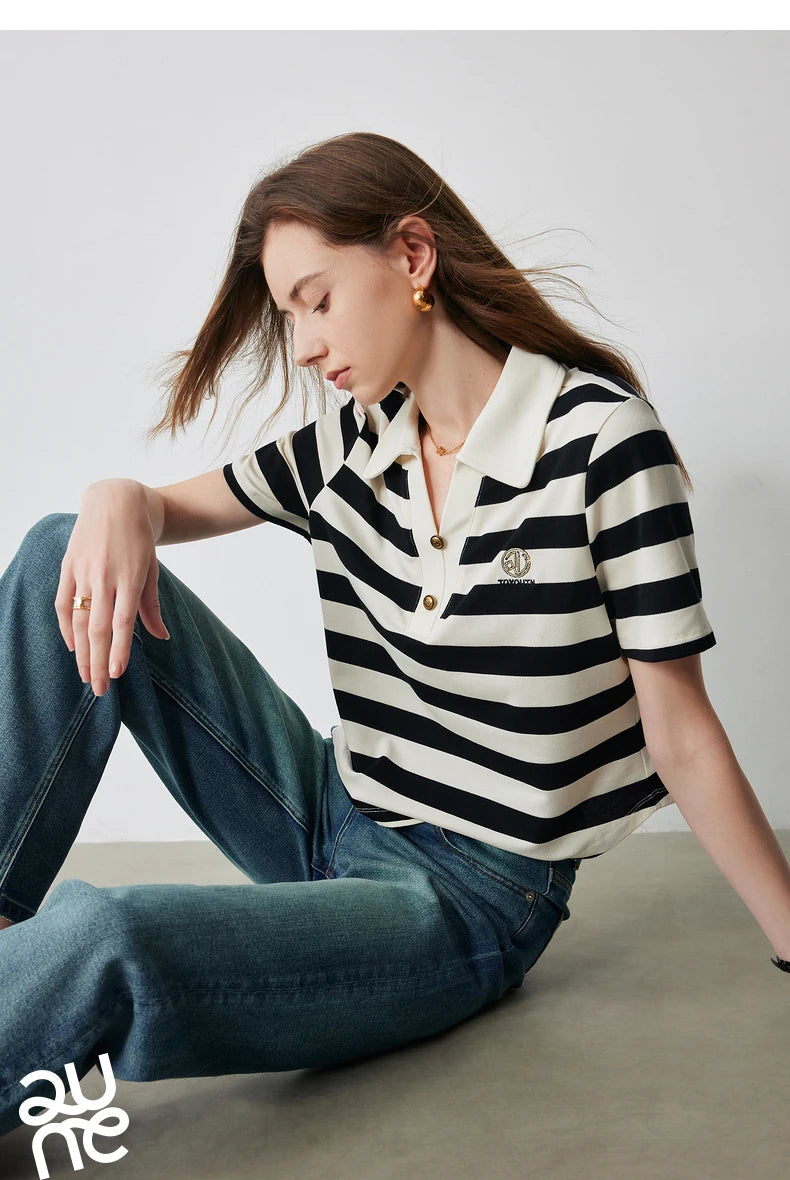 TOYOUTH Women Letter T-shirt 2024 Summer New POLO Collar Top Viralgem Store