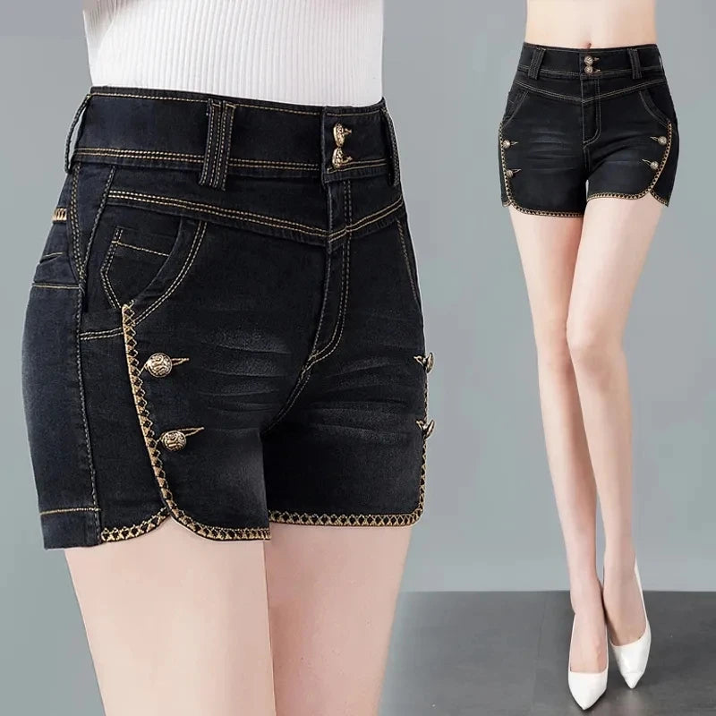 Stretch Denim Shorts Women's New Summer Thin Korean High Waist Straight Tube A-line Hot Pants Black Blue Casual Female Shorts Viralgem Store