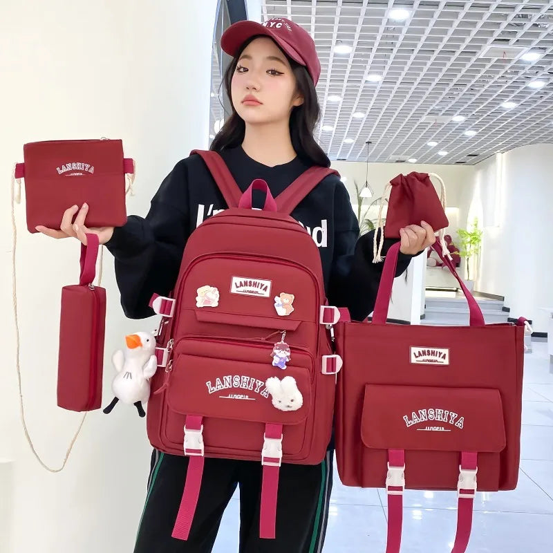 5-piece Set of Free Pendants Forest Style Korean Version Casual Harajuku Student Backpack for High School Girls Large Capacity Viralgem Store