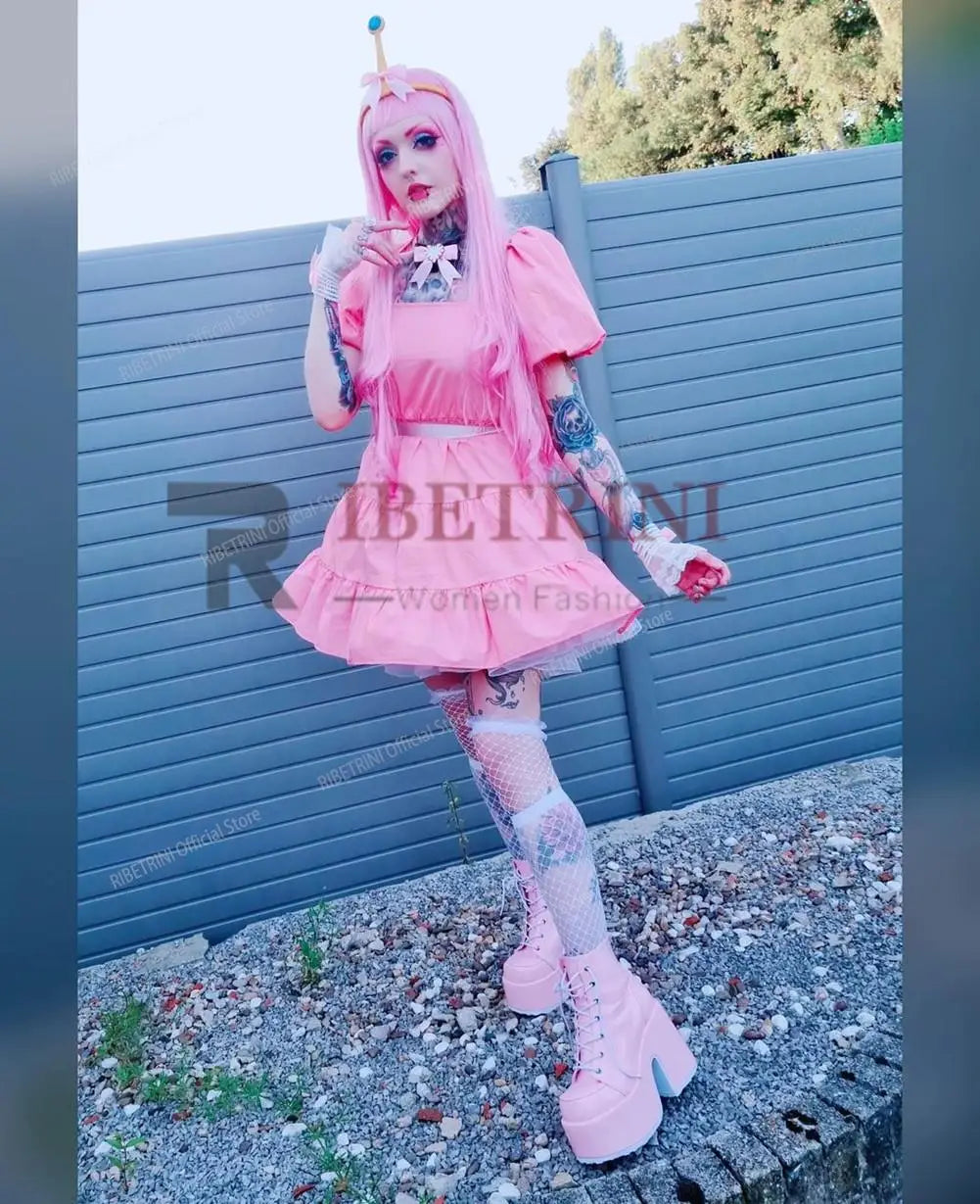 2023 Platform High Heel Cool Punk Fashion Women's High Quality Girls Goth Shoes Black Big Size 43 Cross-tied Casual Luxury Boots