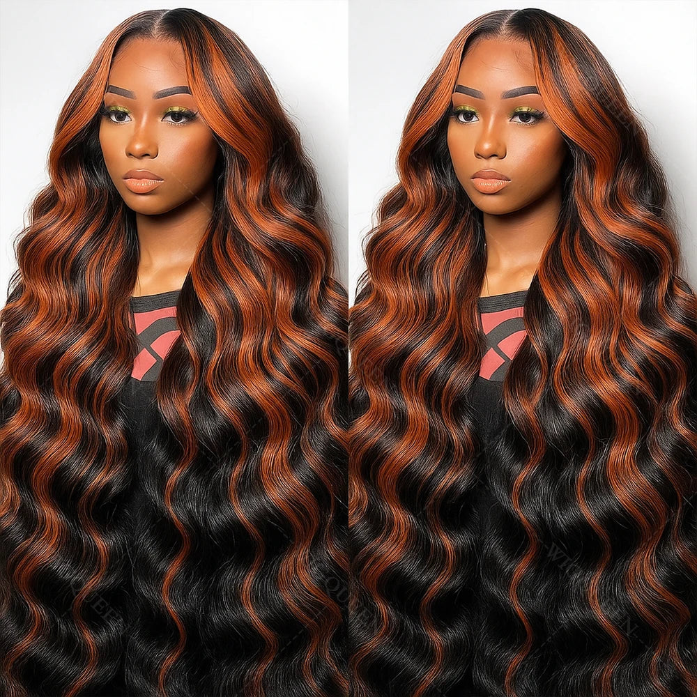 Upgraded 1B/30 Balayage Body Wave 13x4 Highlight Lace Front Human Hair Wig Vietnamese 30 Inch Omber Brown Colored Wig Human Hair Viralgem Store