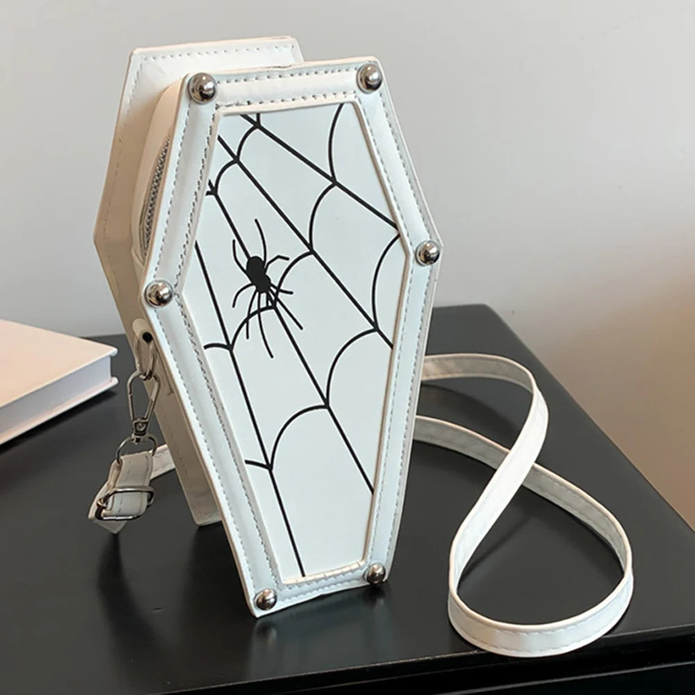 Women Crossbody Bag Large Capacity Coffin Shape Phone Shoulder Bag Halloween PU Top Handle Bag for Travel Make Up Cosmetic Bag