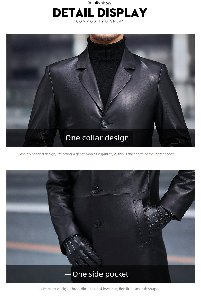 2024 New Arrival Haining Genuine Leather Clothes Men's Mid Length Long Length Trench Coat Fur Outwear Silm K-style Suit Collar Leather Jacket
