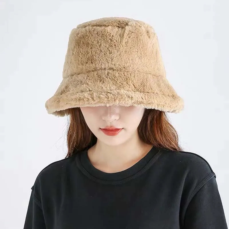 Thicken Autumn Winter Warm Plush Panama Casual Hats for Women Soft Faux Rabbit Fur Bucket Hat Solid Ladies Fisherman Caps Bonnet