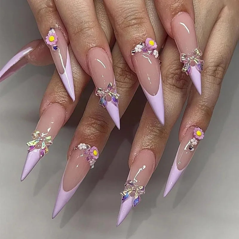 24Pc Long Stiletto Press on Nails Cherry Pink French False Nails with 3D Bow Pearls Design Detachable Acrylic Fake Nail Art Tips Viralgem Store