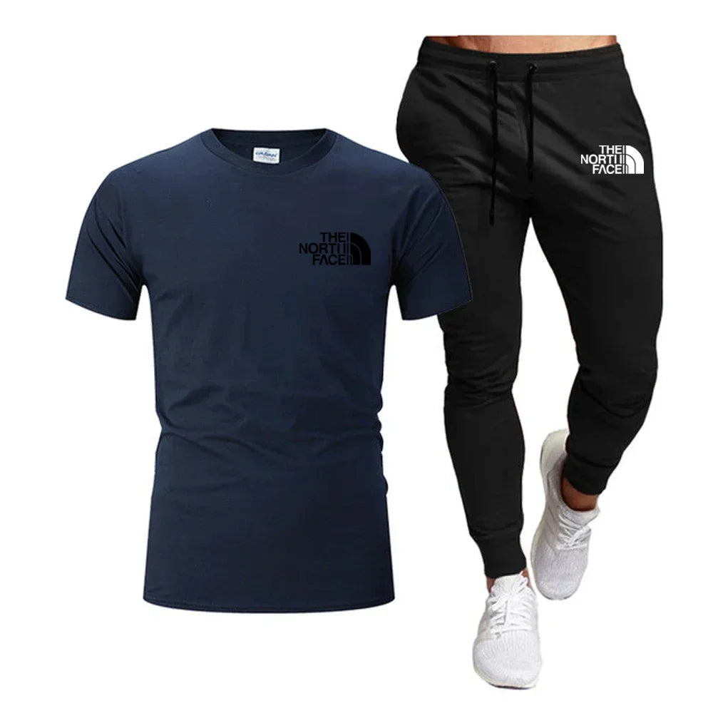 Summer 2025 Men Tops 100% Fashion Cotton Short Sleeve Long Sweatpants Streetwear 2 Piece Sets Men Clothing