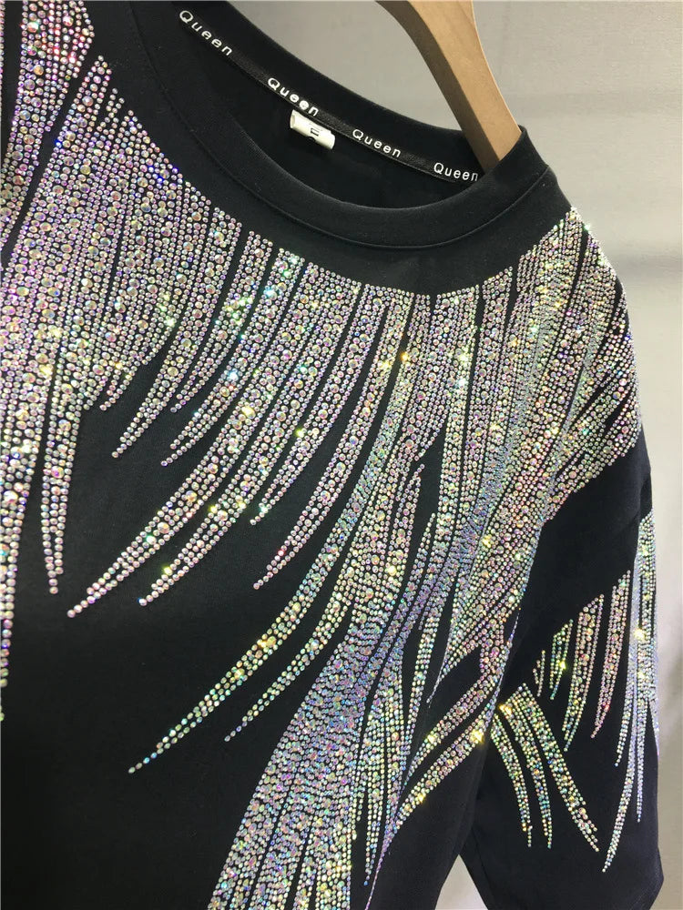 Women Tops Sequin Print Tees Round Neck Half Sleeve Loose Casual Regular Splice T Shirts Simple Hot Drilling Mid Length Top