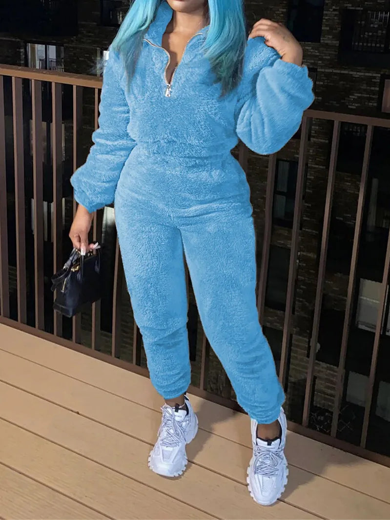 Winter New Plush Two Piece Set Casual Home Warm Suit For Women Fashion Zipper Lapel Pullover Top Elastic Waist Trousers Suit Viralgem Store