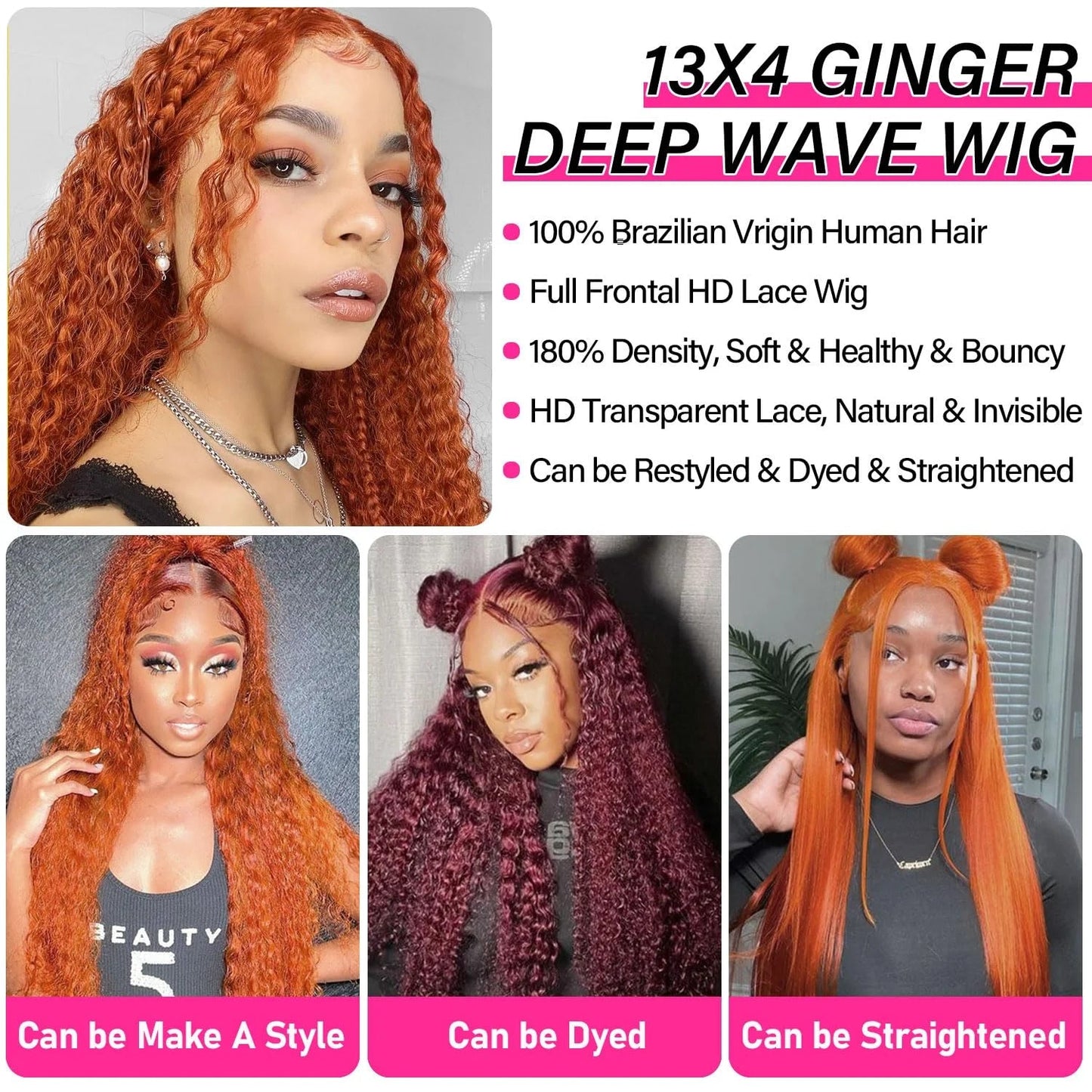 13x4 250% Density Ginger Deep Wave Lace Front Wigs Human Hair 30 Inch Wigs Human Hair HD Lace Front Wigs Human Hair Black Women Viralgem Store