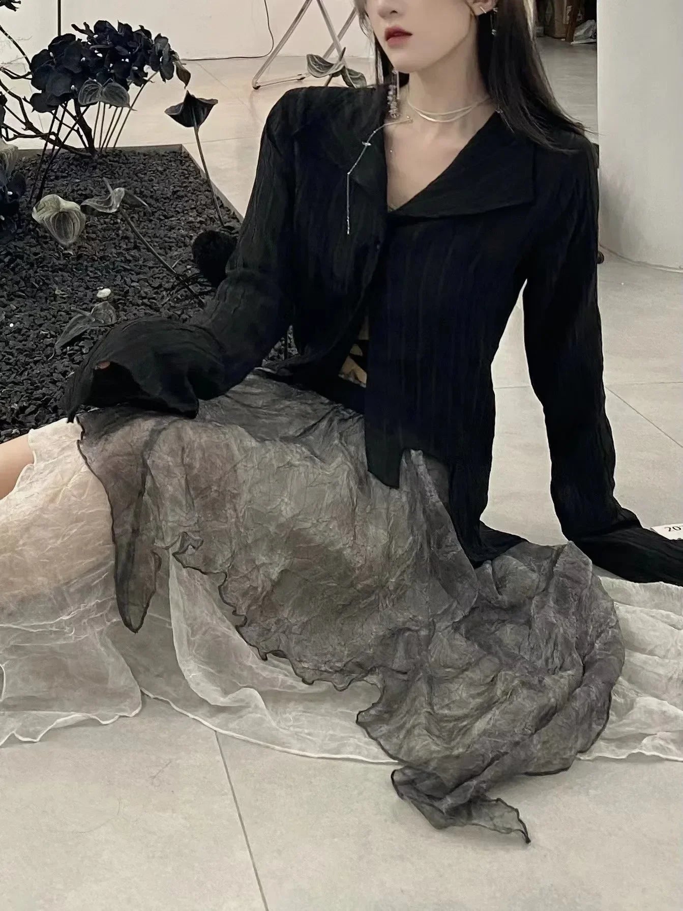 Yamamoto Style Black Shirt Women's Extended Sleeves Irregular Blouses Babes Retro Dark Aesthetic Clothes Gothic Tops