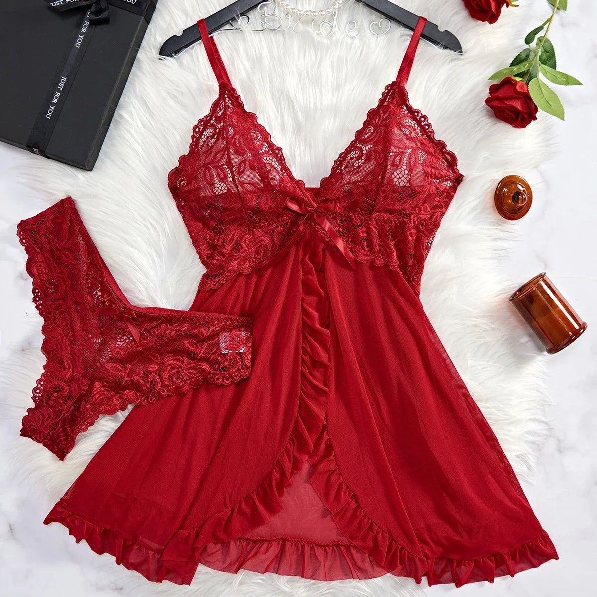 Tulle Suspenders Exquisite Women's Lencerias Lace V-Neck Underwear Semi-transparent Thong Dress Set Lingerie Nightgowns Viralgem Store