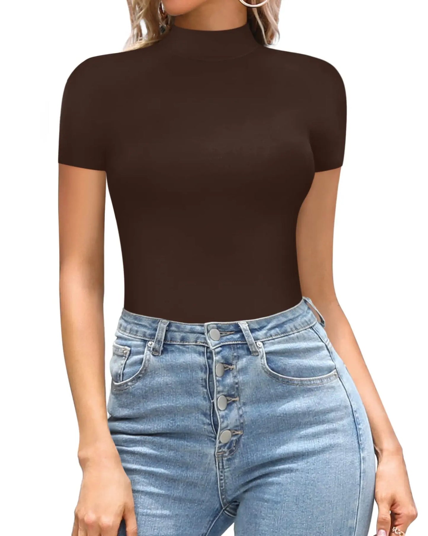 2023SpringSummer New Fashion Europe America Sexy Solid Color Medium High Neck Short Sleeve Casual Elegant Women's Tight Bodysuit