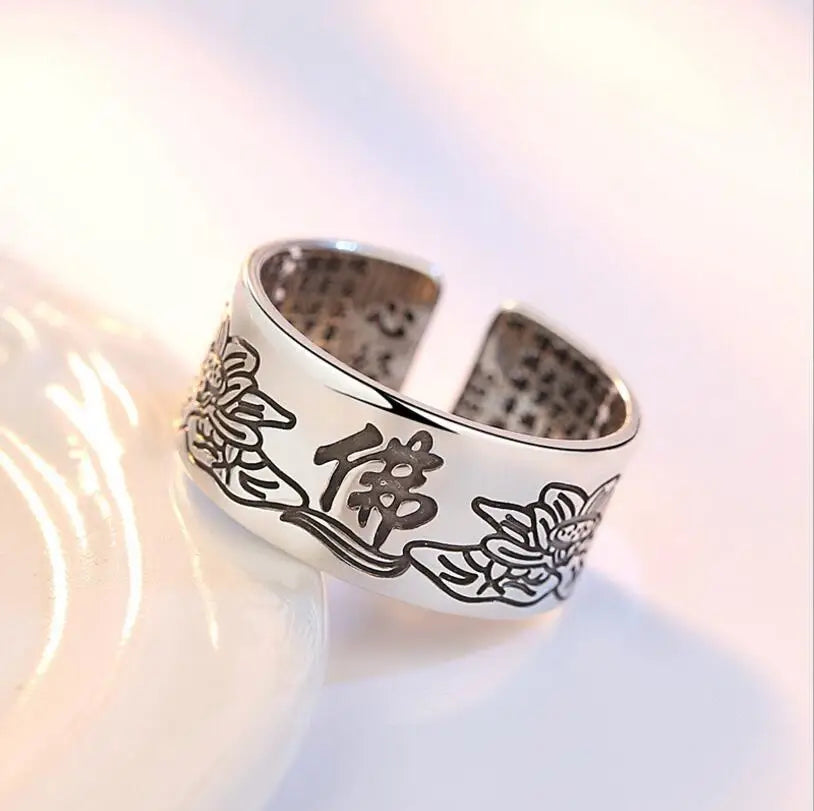 925 Sterling Silver Jewelry Vintage Amulet Buddha Lotus Baltic Buddhist Scriptures Opening Rings For Men Women S-R90