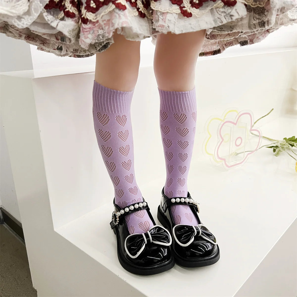 1/4 pairs of girls' dopamine heart hollow  mesh straight socks, lightweight  breathable heart mesh socks, women's long tube