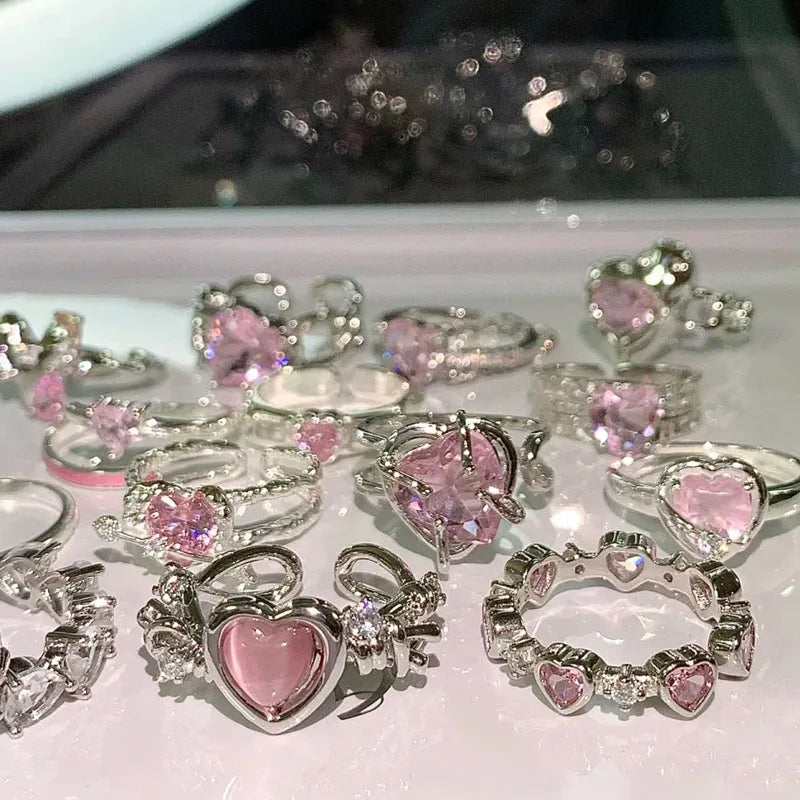 Adjustable Crystal Rings Y2K Pink Irregular Geometry Vintage Bowknot Heart Ring Set for Women Girl 2023 New Fashion Jewelry Gift Viralgem Store
