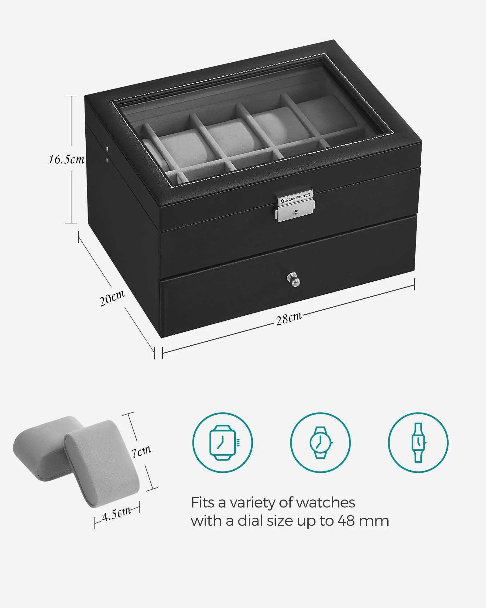 20-Slot Watch Organizer Case, Watch Case with Glass Lid, 2 Layers, Lockable Watch Display Case, Black Synthetic Leather, Gray Viralgem Store
