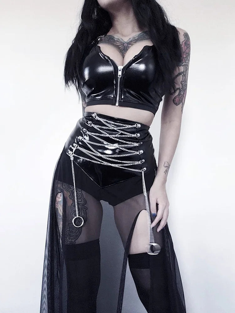 Yangelo Goth Grunge Skirt With Buckle Women Y2K Punk Sexy Bottoms Patchwork Split Long Skirts Summer Zipper See Through Clothes