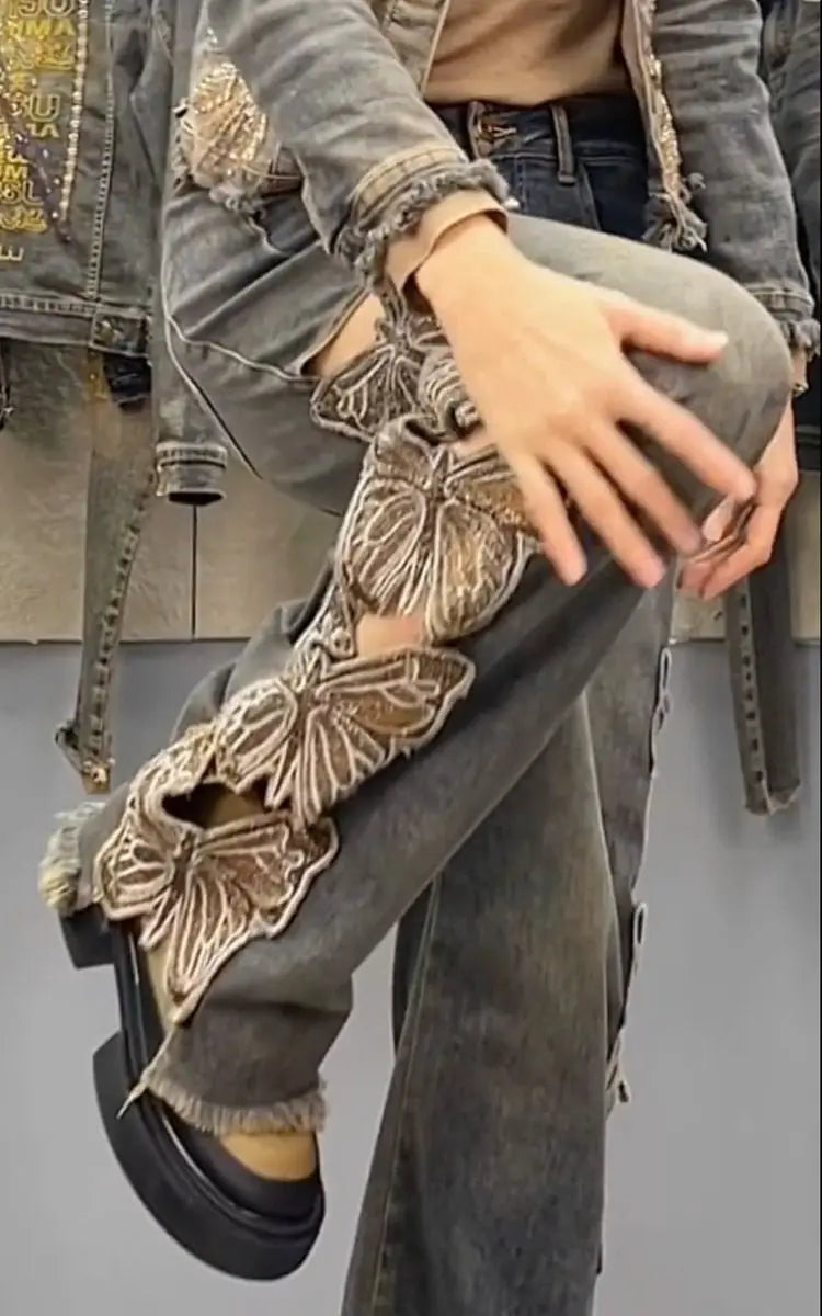 Summer Y2K Streetwear Harajuku Butterfly Decoration Denim Pants Women's High Waist Embroidery Loose Straight Hole Ripped Jeans