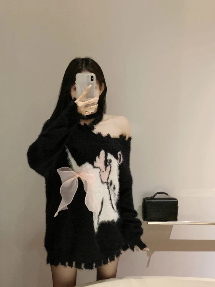 Women's Black Gothic Pullover Knitted Sweater Elegant Harajuku Y2k Long Sleeves Oversize Sweaters Jumper Vintage 2000s Clothes