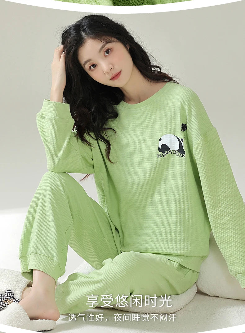 SUKAE Waffle Cotton Korean Minimalist Style Women Pajamas Spring Autumn Long Sleeves Lady Sleepwear Kawaii Round Neck Homesuits