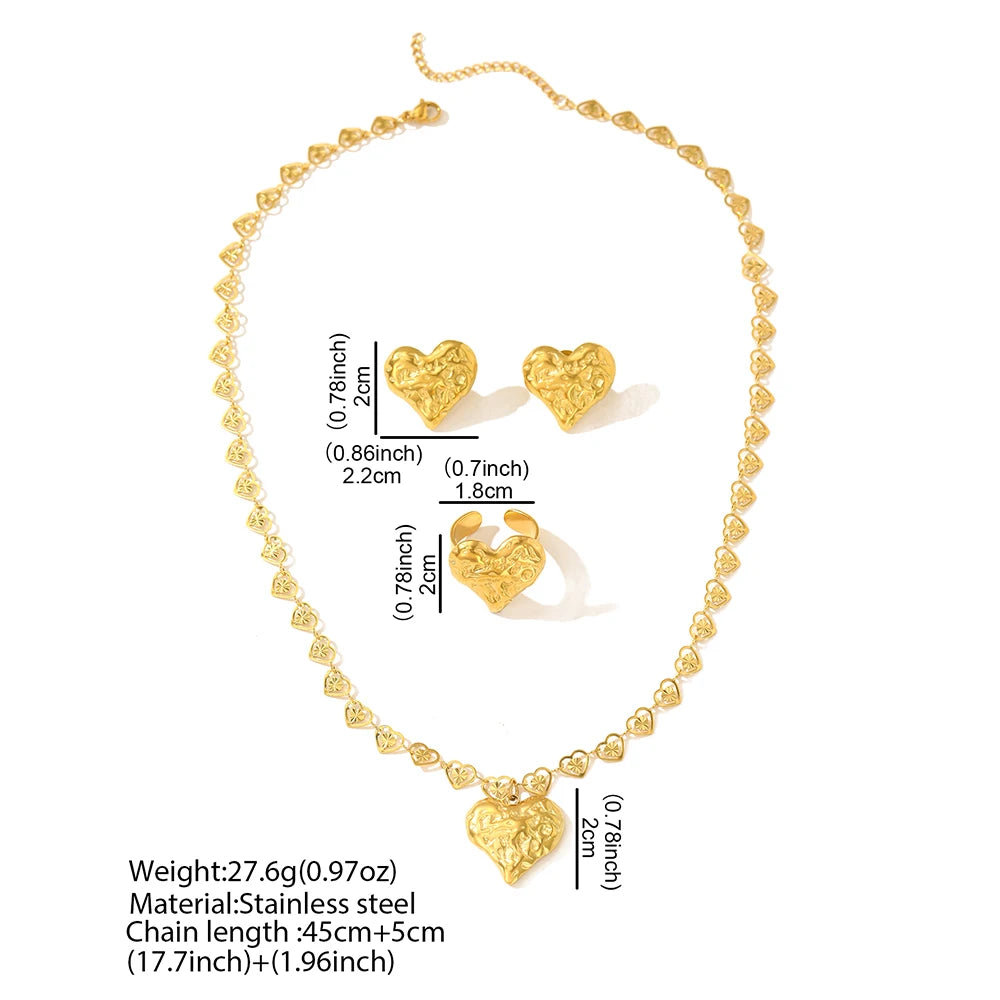 Stainless Steel Jewelry Set Earrings Necklace Ring Peach Heart Decoration Open Heart Chain Fine Jewelry Set For Women Jewelry