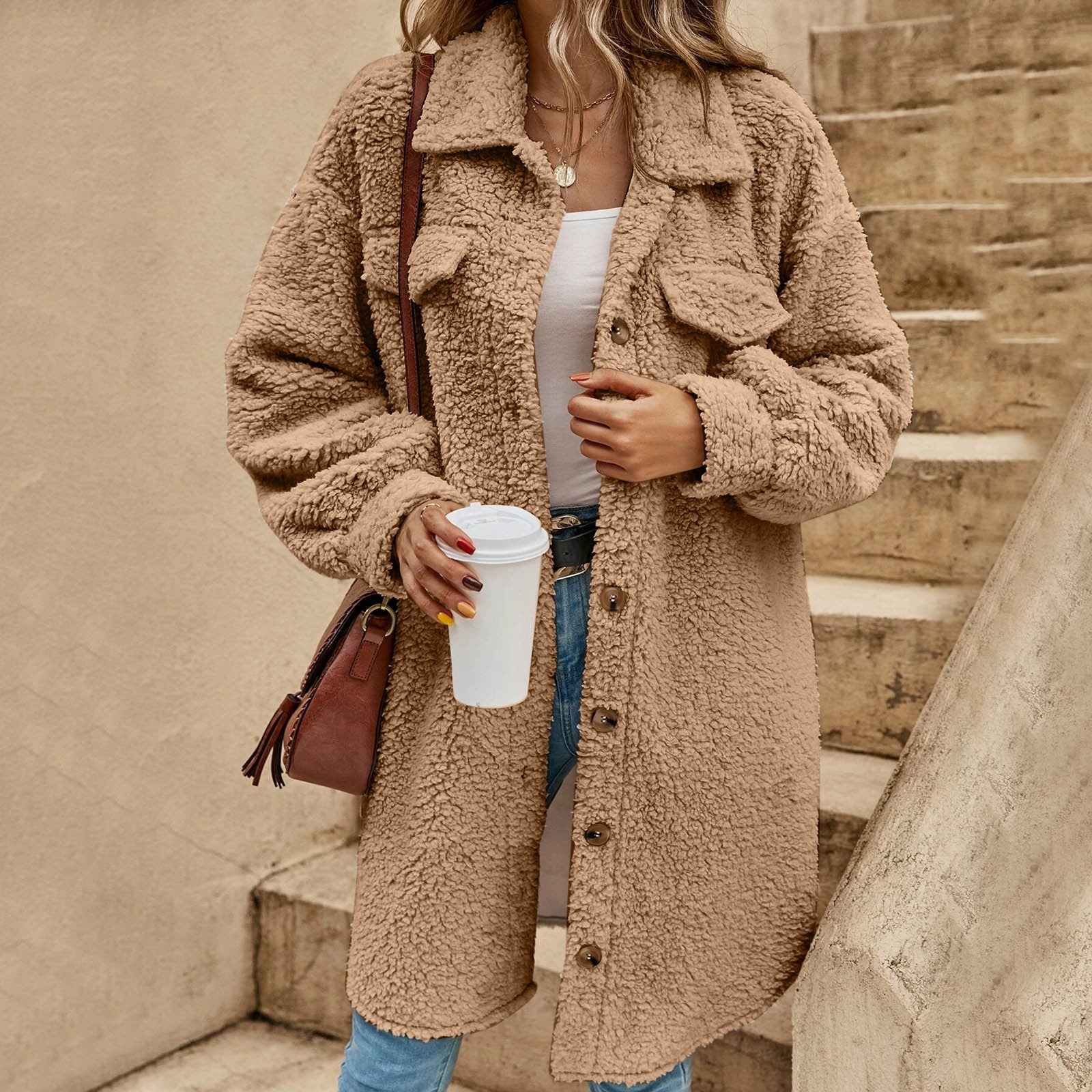 Women Fleece Jacket Long Sleeve Cardigan Sweatshirts Open Front Lapel Outerwears Women'S Winter Jacket 2024 Korean Winter Outer Viralgem Store