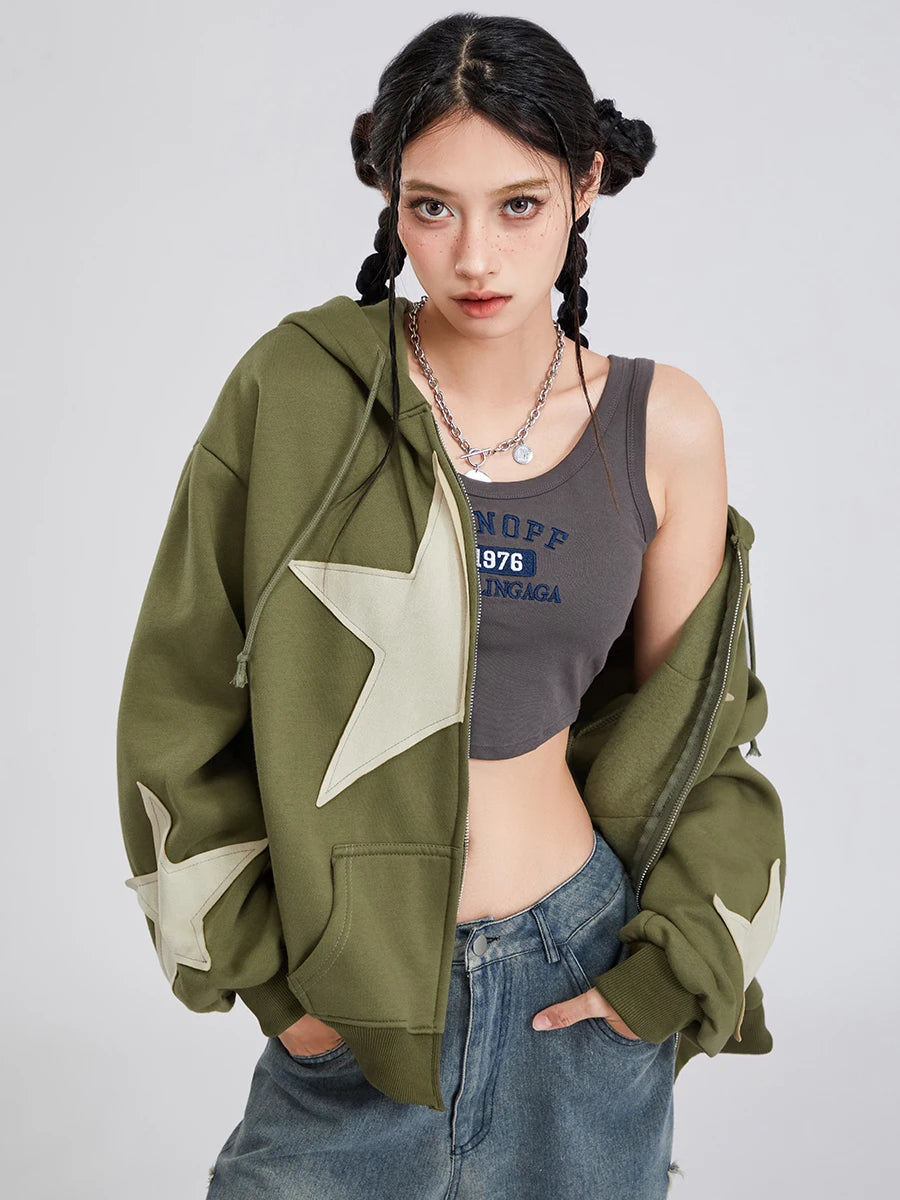 Women's Y2k Zip Up Hoodies Star Print Long Sleeve Graphic Hooded Jacket Aesthetic Oversized Coat Harajuku Streetwear