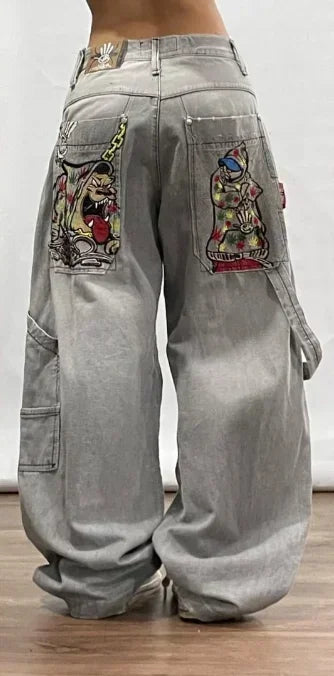 Y2K Fashion Red Print Grey Washed Baggy Jeans Men Women Harajuku Gothic Skateboard Pants Vintage Street Clothes Wide leg pants