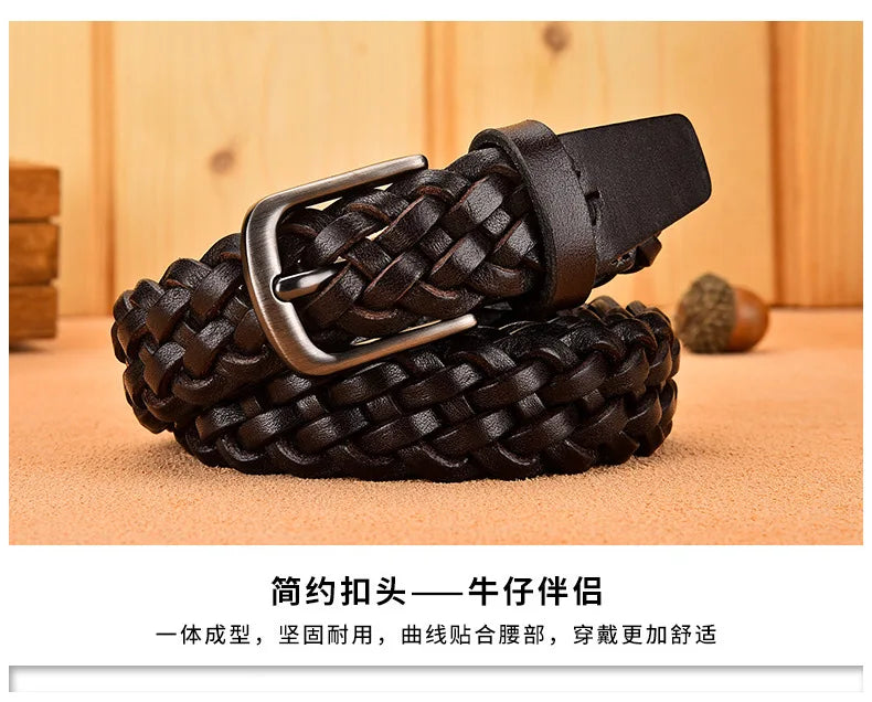 2023 Women Casual Luxury New Style Width 2.5cm  Woven Belt Needle Buckle Real Leather Head Layer Cowhide Handmade Decorative