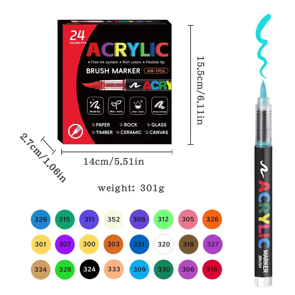 12-48 Color Acrylic Marker Pen Set Waterproof Scrapbook DIY Brush Tip Drawing Paint Marker Art School Supplies Stationery