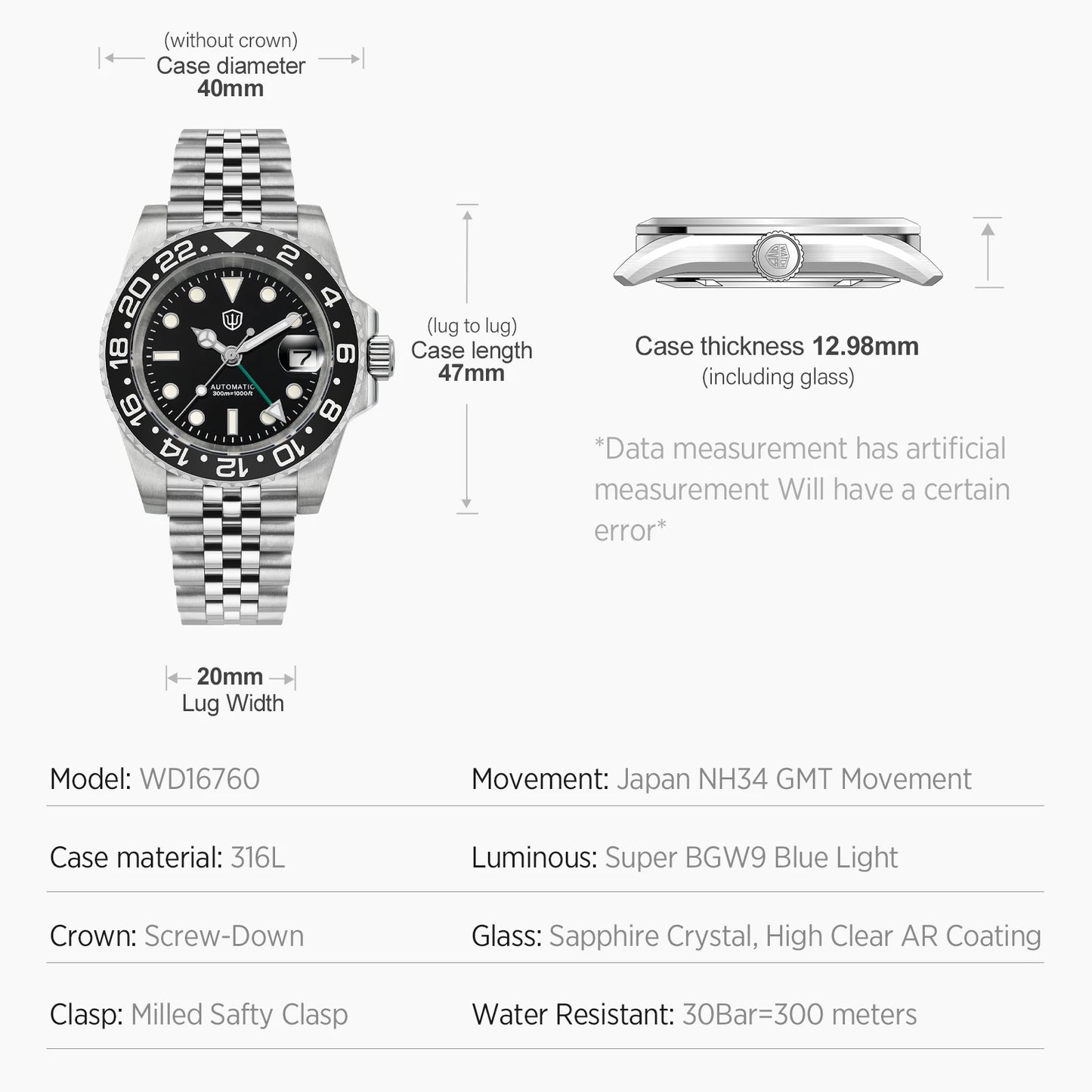 Watchdives WD16760 NH34 Sub GMT Watch Stainless Steel Sapphire Automatic Movement BGW9 Luminous 300m Waterproof Watches for men