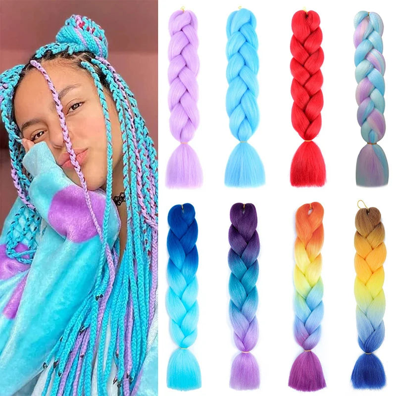 24Inch Synthetic Braiding Hair Extension Ombre Color Rainbow DIY Jumbo Hair Pink Red Blue Hairstyle for Women Viralgem Store