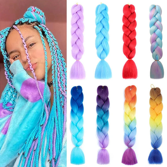24Inch Synthetic Braiding Hair Extension Ombre Color Rainbow DIY Jumbo Hair Pink Red Blue Hairstyle for Women Viralgem Store